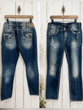 Silver Jeans Distressed Mid Blue Denim aiko 31/31” like new